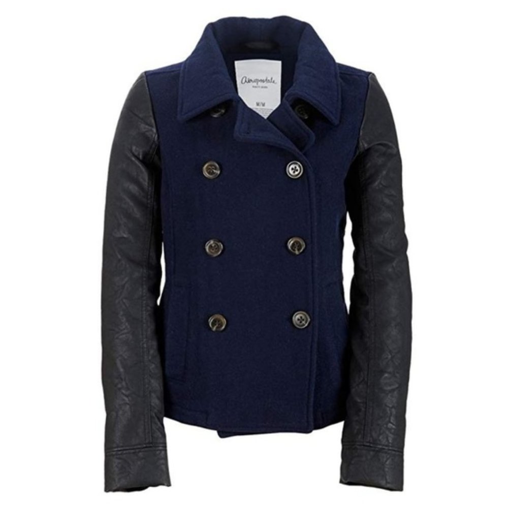 Aeropostale Wool & Faux Leather Pea Coat